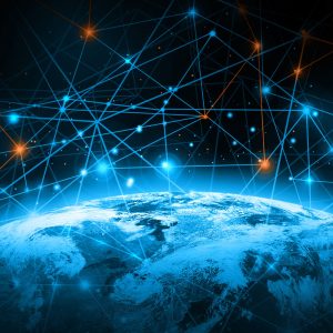 Earth from space with dots and lines representing satellite communications