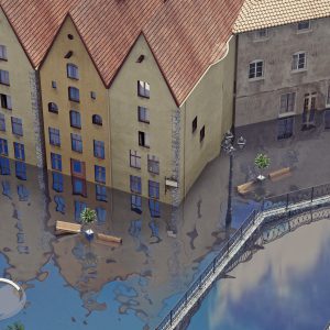 Apartment buildings surrounded by floods with submerged cars