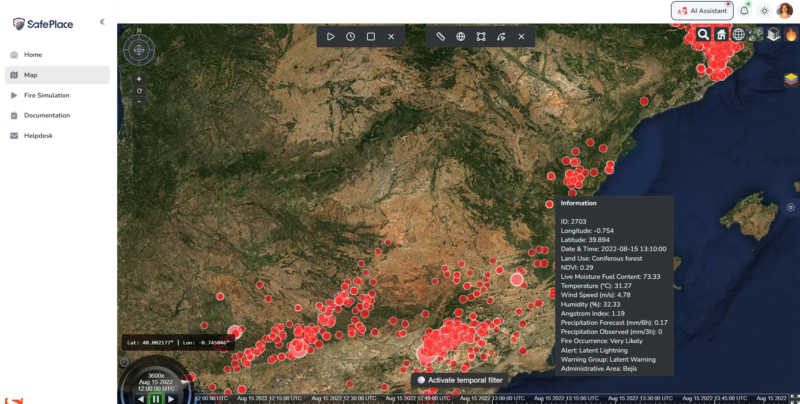 SafePlace demo screenshot showing fire risks in Spain