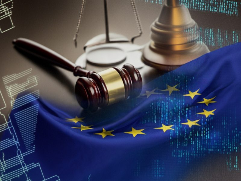 AI-generated image showing a gavel on top of an EU flag