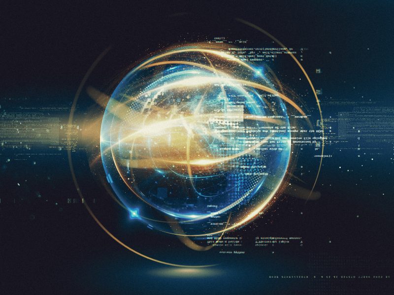 abstract image of a globe with circles around it and digits representing data