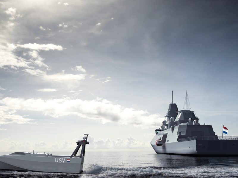 Artist's impression of Dutch Ministry of Defence AI1 unmanned surface vessel (USV) and Anti-Submarine Warfare Frigate (ASWF)