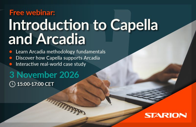 Graphic with the following details of a free webinar called An Introduction to Capella and Arcadia which will take place on 3 November 2026 at 15:00-17:00 online